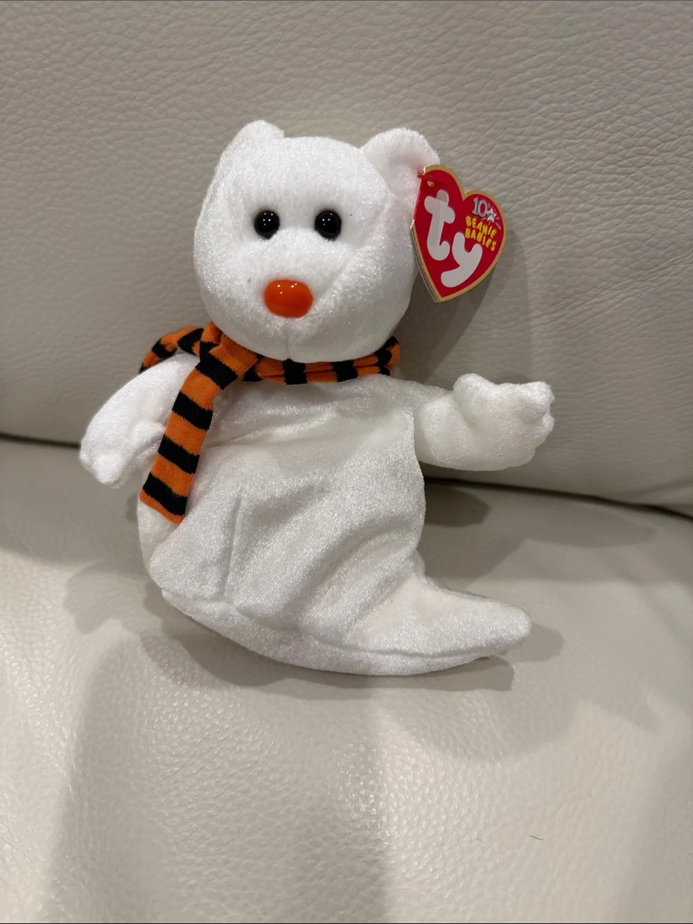 Ty Vintage White Ghost Bear Plush with Orange & Black Striped Scarf
